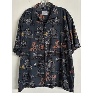 David Carey Shirt Mens XL Blue Trains Locomotive All Over Print Hawaiian